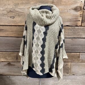 Sacred Threads cowl neck sweater poncho, Khaki/dark gray, Large